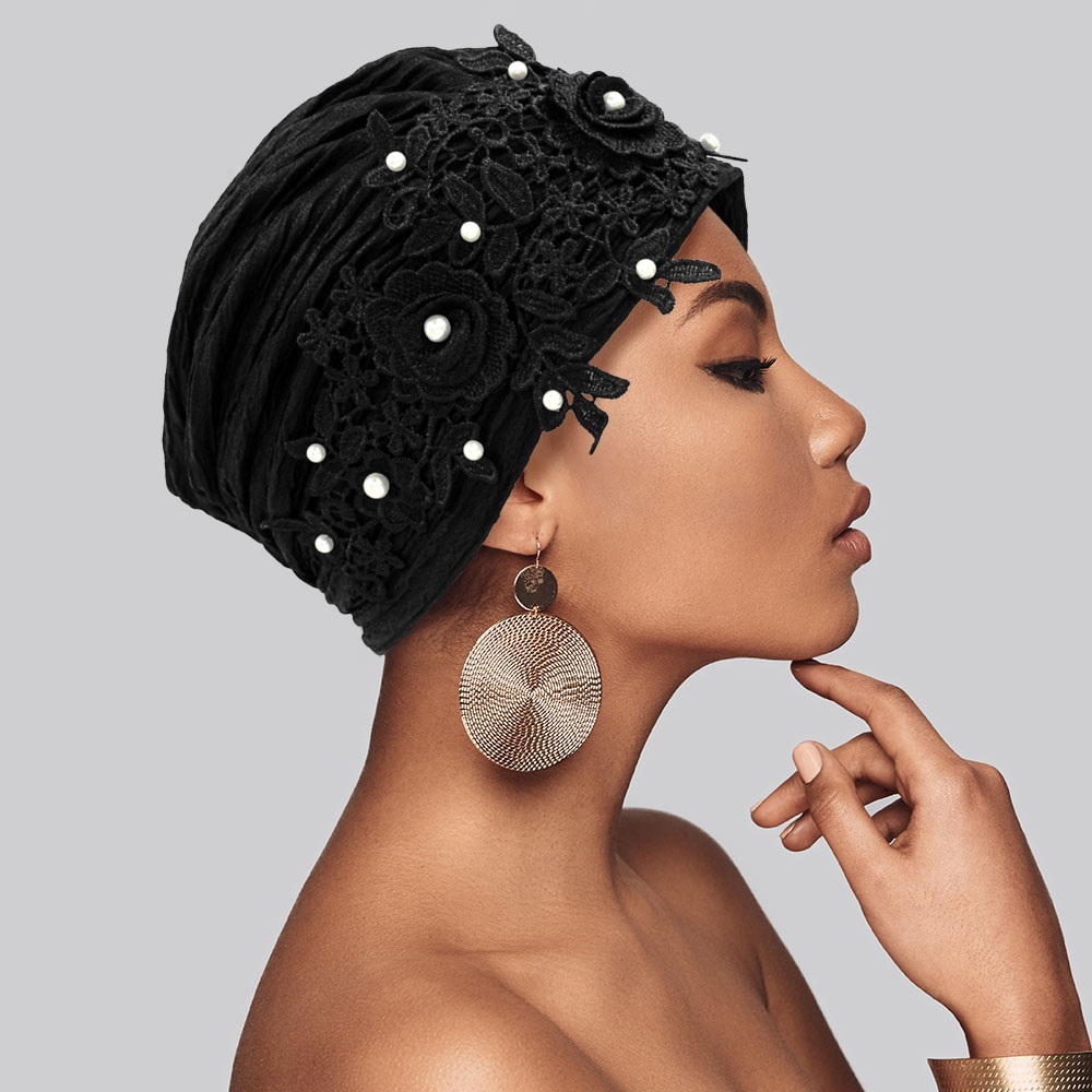 Elegant Black Pearl-Accent Turban Headwrap